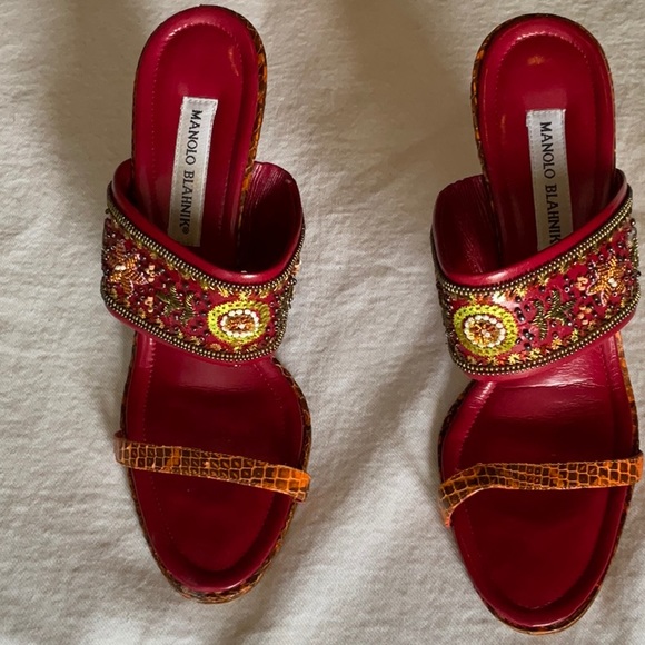 Manolo Blahnik Shoes - RARE MANOLO BLAHNIK shoes 9.5-10 EU 40.5 red leather orange snake beaded heels
